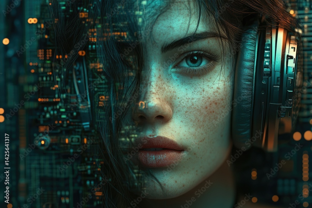 Poster a woman's face merges with a futuristic circuit board, headphones on, creating a digital cyberpunk a