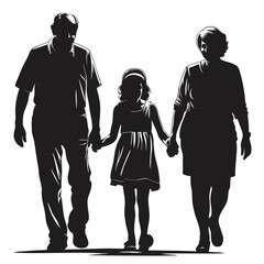 Grandparents Walking with Granddaughter silhouette Vector Illustration