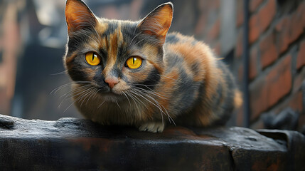 Calico Cat Relaxing on Ledge Urban Setting