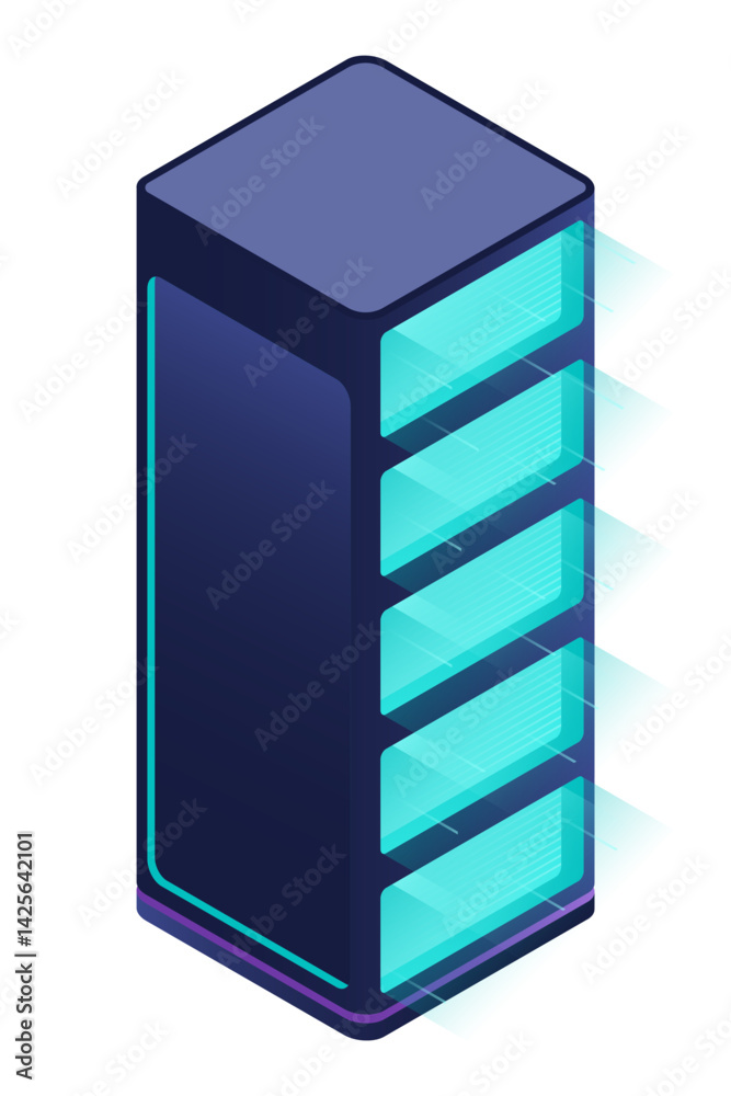Poster isometric futuristic server. isometric database or data center. abstract blockchain. computer storag