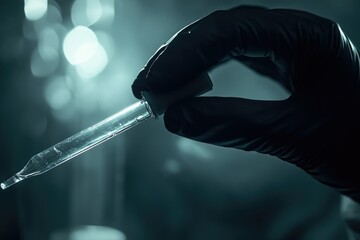 A gloved hand delicately holds a glass pipette filled with a clear liquid, suggesting scientific research or precise measurement.