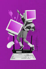 3d sketch image vertical collage of anonym girl guy instead head pc monitor addiction technology...