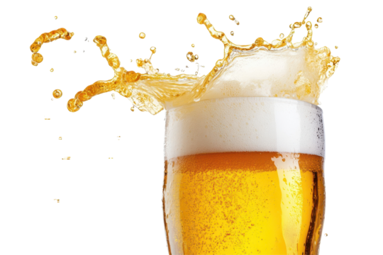 Crisp beer with foam and splash effect beautifully captured in a glass isolated on white background