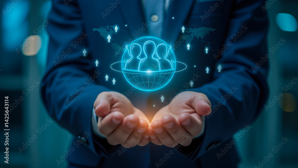 Poster hands holding globe with digital people icons representing global networking and connection in busin