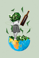 Vertical 3d image collage of headless girl guy stand save earth protection rubbish globe bag...