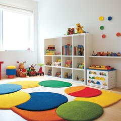 Colorful playroom with vibrant toys and storage
