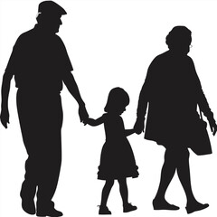 Grandparents Walking with Granddaughter silhouette Vector Illustration