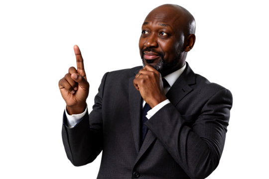 Thoughtful Black businessman in a formal suit having an idea or insight, pointing index finger upwards, isolated portrait figure against a transparent background for easy use