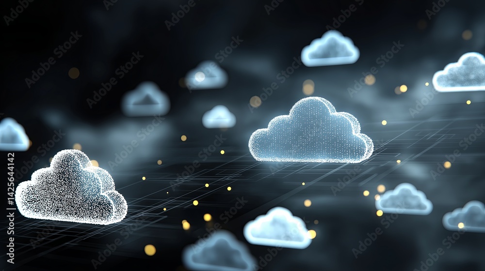Poster Cloud computing for business with glowing cloud icons and tech overlays
