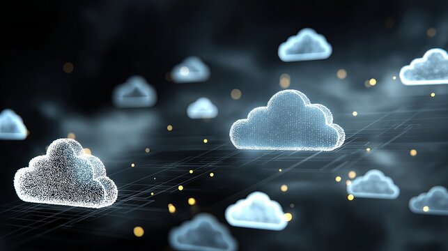 Cloud computing for business with glowing cloud icons and tech overlays