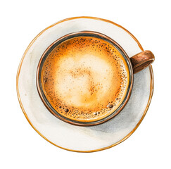 Top view of freshly brewed coffee in ceramic cup with rich froth, cut out - stock png.