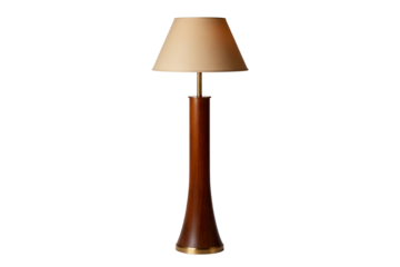 Modern tall wooden floor lamp with a simple beige conical shade providing ambient lighting, home interior decor furniture isolated against a transparent background for design use