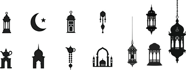 A set collection of black silhouette icons on a white background representing Eid ul Adah essentials: