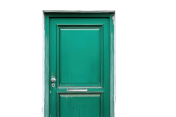 Elegant green door featuring shiny silver handle clearly isolated on a pure bright white background layout