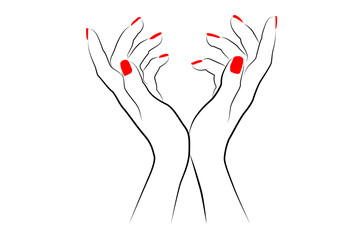 Worshipping woman hands with red nails line drawing isolated on white background - vector illustration
