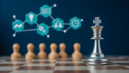 Silver king chess piece stands proudly in front of digital icons representing strategy, technology, and decision-making in a modern setting