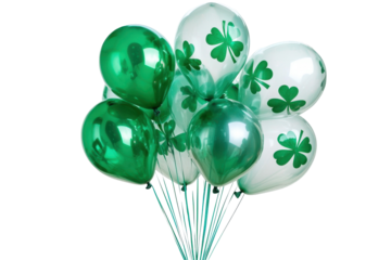 St. Patricks Day green shamrock balloons arranged in festive style isolated on a crisp white background