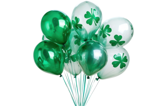 St. Patricks Day green shamrock balloons arranged in festive style isolated on a crisp white background