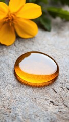 Captivating amber liquid drop with yellow flower nature scene close-up tranquil aesthetic beauty