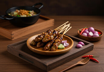 Sate on Wooden Bowl with Rice and Sambal Sides