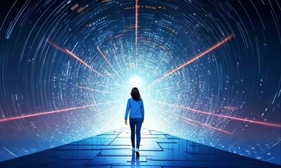 teenage girl stands in digital binary code tunnel illustrated animation - Powered by Adobe
