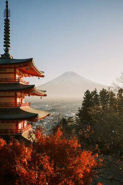 Stunning view of snowed Mount Fuji and red leaves from Chureito Pagoda