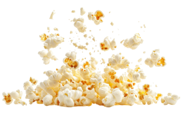 Burst of popcorn exploding upward in dynamic motion isolated perfectly on a crisp white background