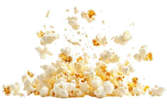 Burst of popcorn exploding upward in dynamic motion isolated perfectly on a crisp white background