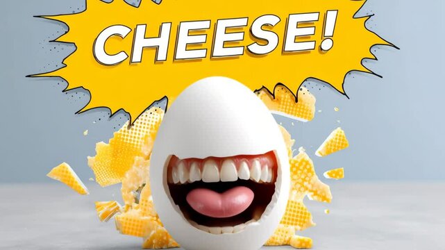Egg character shouting with cheese explosion in comic style. 4K video