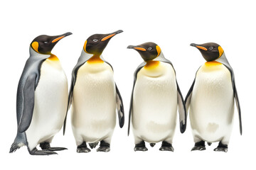 Fototapeta premium Group of emperor penguins standing side by side isolated sharply on a clean white background layout