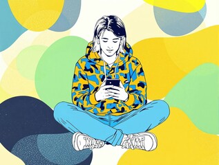 Fototapeta premium A girl is sitting on the floor with her phone in her hand