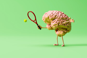 3D rendering of a brain playing tennis symbolizing mental health and active lifestyle