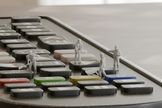 Miniature workers on a remote control in a 3D conceptual scene