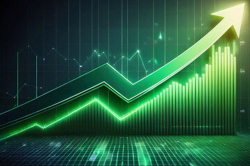 Green arrow pointing upward on financial graph. Business growth chart with rising trend line. Digital stock market data visualization for investment analysis