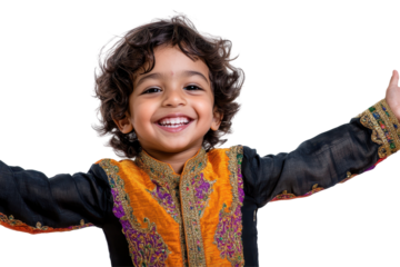 Cute Indian boy with big smile captured indoors isolated perfectly on a clean white background