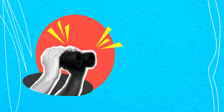 Trendy modern art collage. Hand with binoculars. Search concept. Vector banner with halftone effect and place for text
