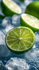 Fresh lime slices on crushed ice, refreshing summer vibe, macro detail, bright green color scheme, high contrast