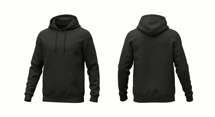 Black Pullover Hoodie Front and Back View on White Background