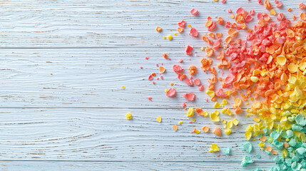 Colorful cereal flakes in rainbow gradient on white wood