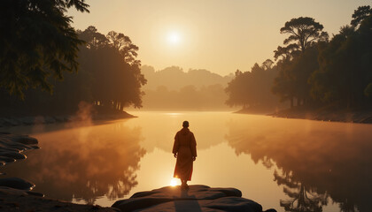 Meditating monk reflecting at sunrise over tranquil river  