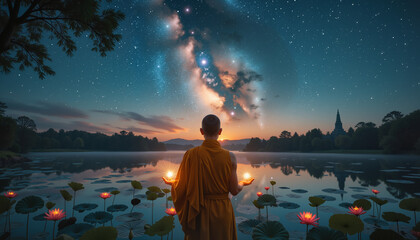 Monk meditating in starry lotus fields at twilight  