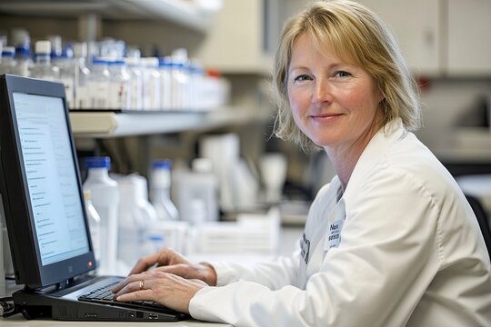 A female scientist is working on a laptop in a laboratory, sitting at a desk with test tubes and other science equipment nearby. The middle-aged Asian woman, wearing a white lab coat, is smiling while - Powered by Adobe