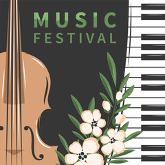 Music festival, events or classical music concert  poster template. Violin and piano decorated with flowers.Vector illustration for banner, invitationcover, advertising. 
