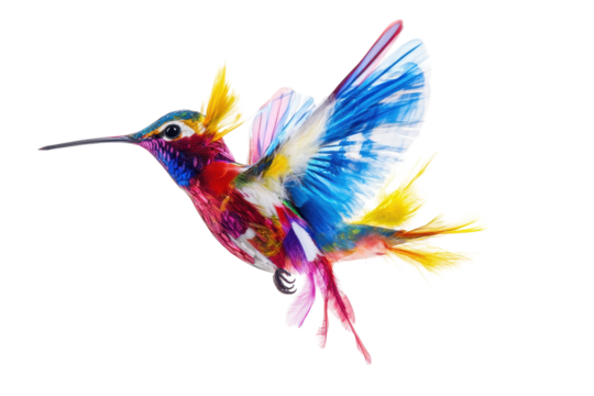 Artistic hummingbird mid flight showcases vibrant colors and abstract form on seamless white isolated background