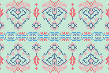 Ethnic pixel art background.Repeating geometric pattern design with floral.Design for texture,fabric,cloting,carpet,knitewar,curtains,wrapping,batik,scarf,vector,illustration