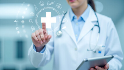 Healthcare professional interacting with digital medical interface and holding tablet in modern hospital environment for telemedicine solutions