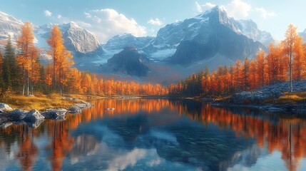 Autumnal alpine lake reflecting vibrant mountain peaks.