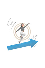 Vertical creative composite photo collage of positive motivated girl run on arrow achieving goals isolated on beige color background