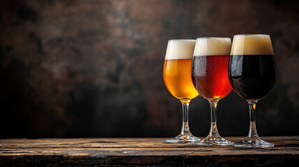 Three glasses of beer on rustic wooden table with dark background