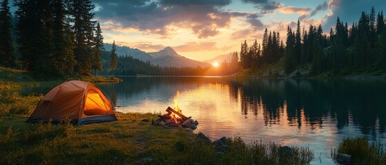 Orange camping tent and campfire by lake at sunset in forest. Summer Luxury Summer Glamping Vacation concept.